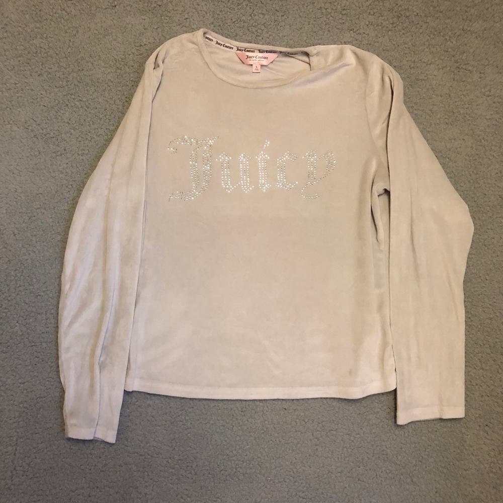 Y2K‎ Juicy Couture Velour Rhinestone Logo Top Cream Vtg 2000s Long Sleeve Large